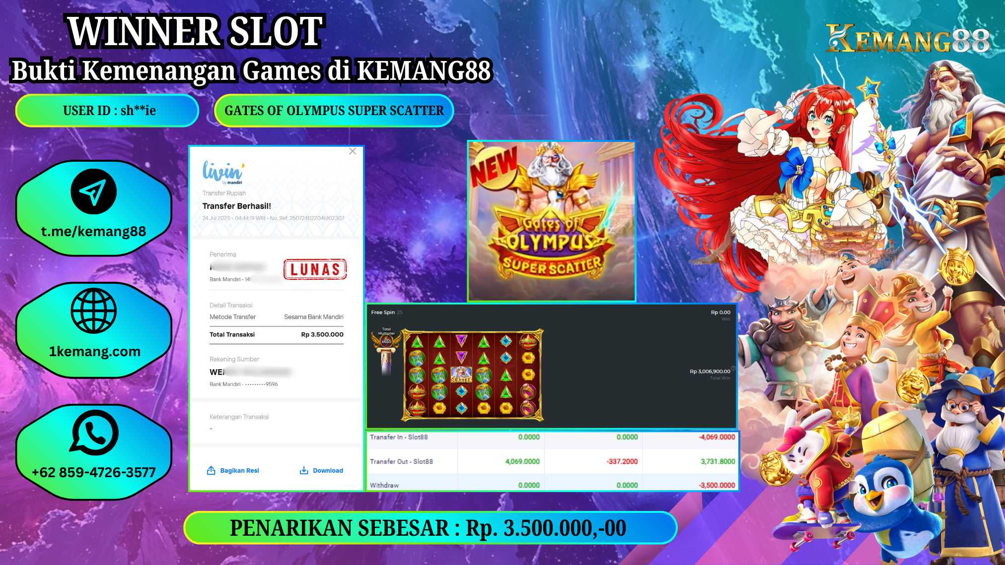 KEMANG88 [24 JULY 2025] : JACKPOT SLOT : GATES OF OLYMPUS SUPER SCATTER [PP]  Rp.3.500.000.,- LUNAS